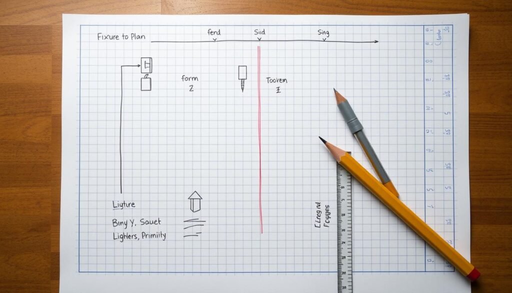 backyard lighting plan sketch on graph paper