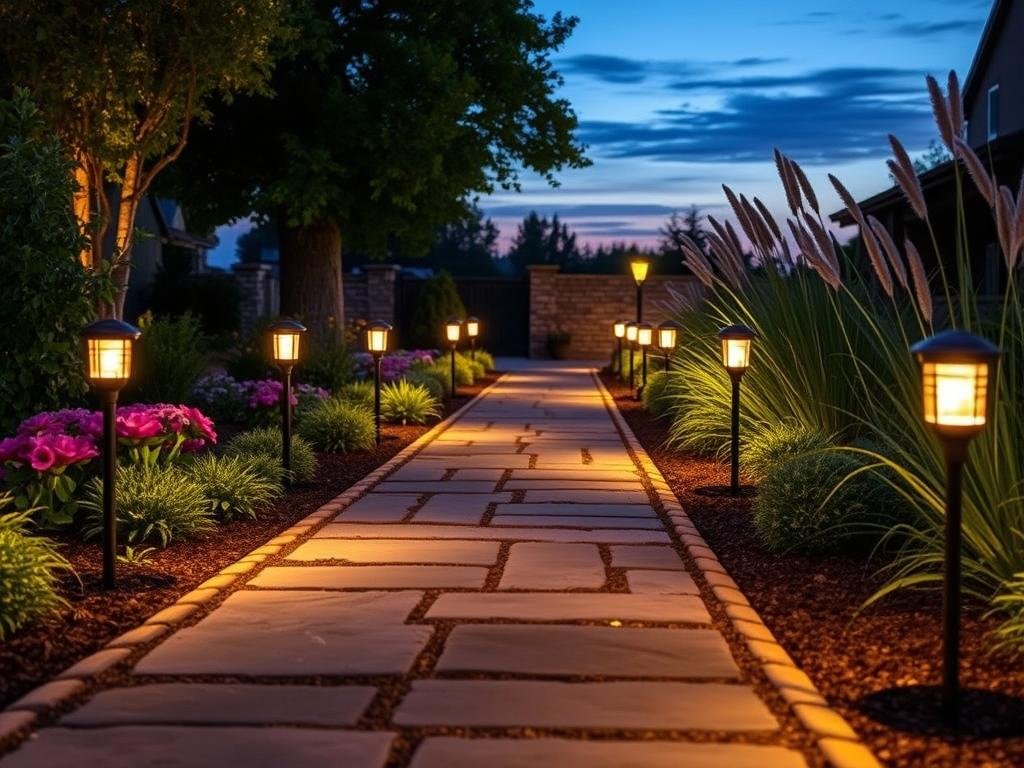 backyard pathway illuminated by solar stake lights at dusk