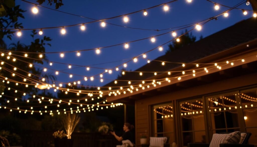 backyard patio with multiple string light layers creating depth backyard patio with multiple string light layers creating depth