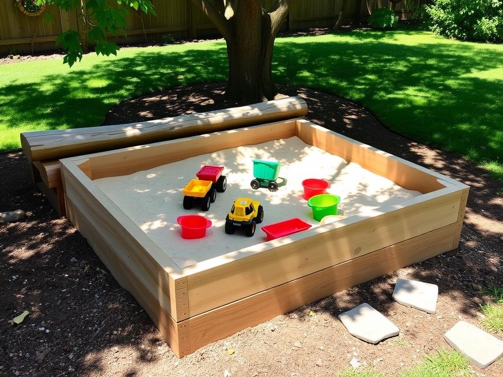 backyard play area with DIY sandbox and natural elements