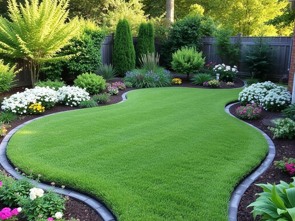 backyard with clover lawn alternative and flower borders