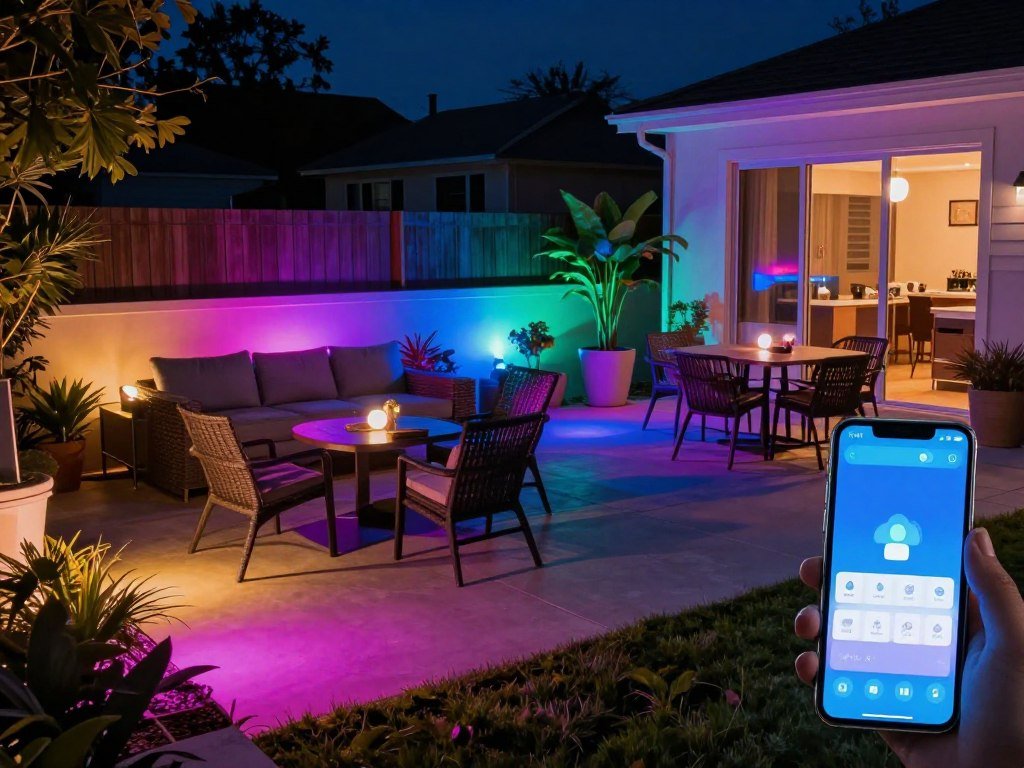 backyard with color-changing smart lights backyard with color-changing smart lights