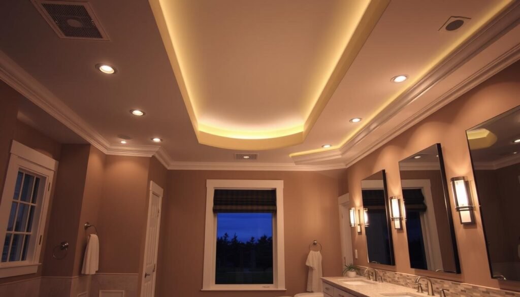 bathroom with layered ambient lighting creating warm atmosphere bathroom with layered ambient lighting creating warm atmosphere