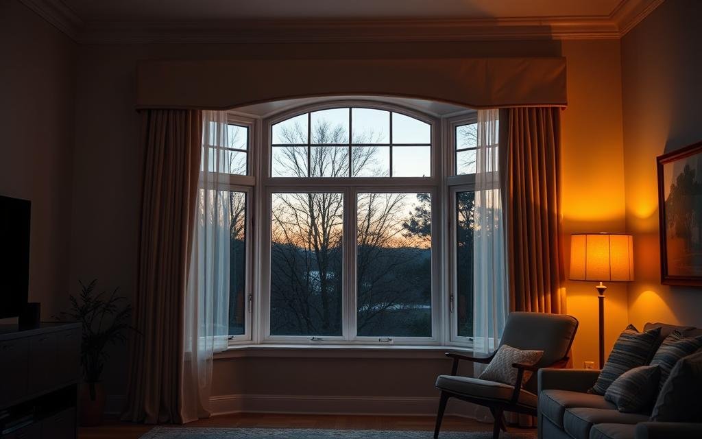 bay window with LED-lit valance creating warm evening ambiance bay window with LED-lit valance creating warm evening ambiance