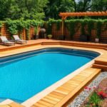 beautiful above ground pool with wooden deck and landscaping in backyard
