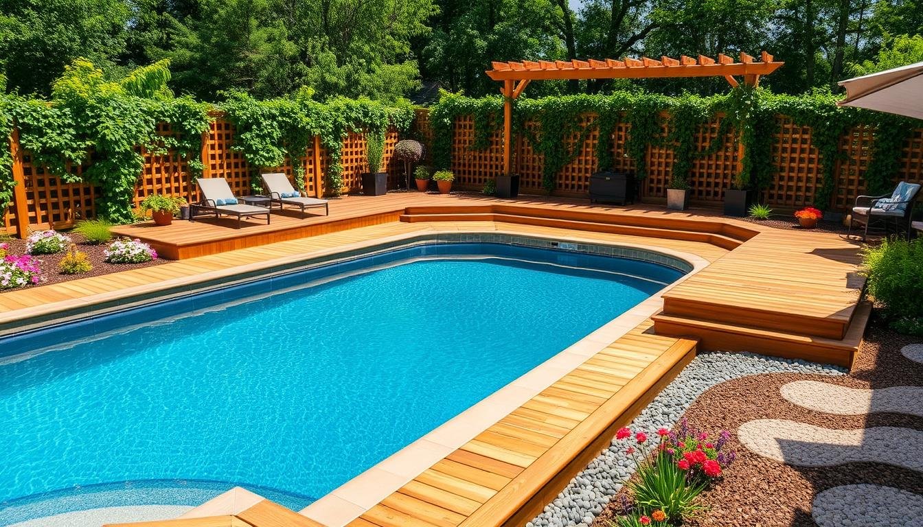 beautiful above ground pool with wooden deck and landscaping in backyard