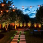 beautiful backyard lighting ideas showcasing string lights and landscape illumination at dusk