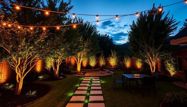 beautiful backyard lighting ideas showcasing string lights and landscape illumination at dusk