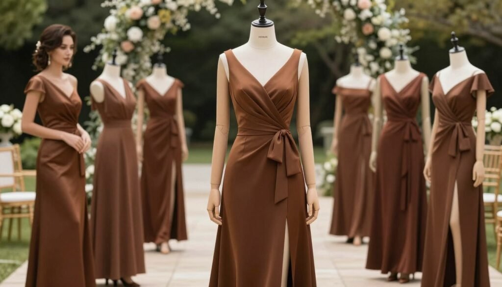 beautiful brown wedding guest dress styled perfectly