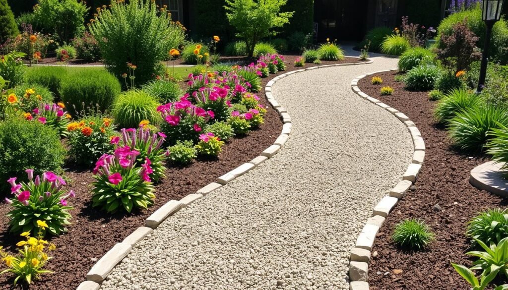 beautiful gravel pathway through backyard garden with flower borders