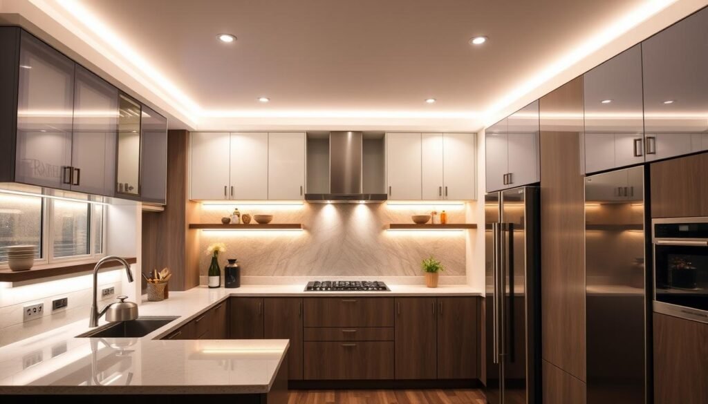 beautiful modern kitchen with complete under cabinet LED lighting system installed