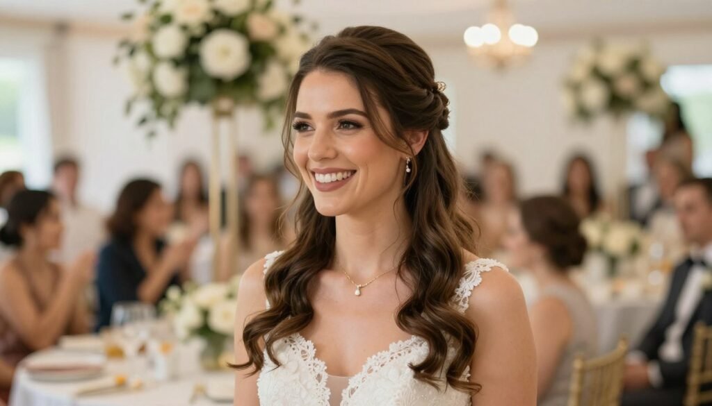 beautiful wedding guest with elegant hairstyle at celebration