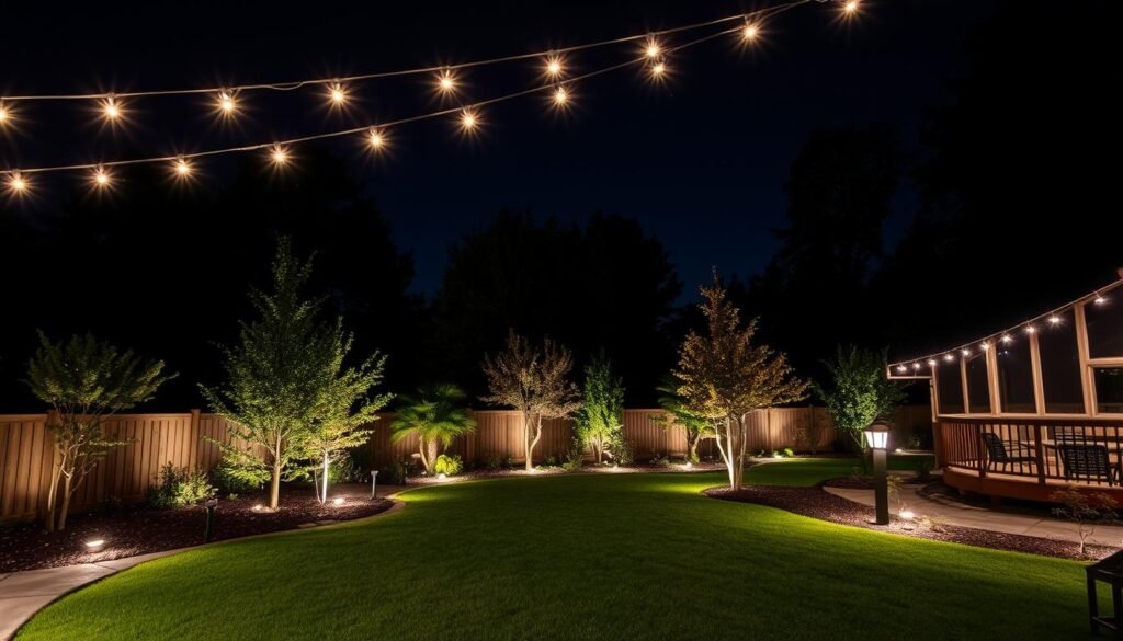 beautifully lit backyard showing multiple lighting techniques