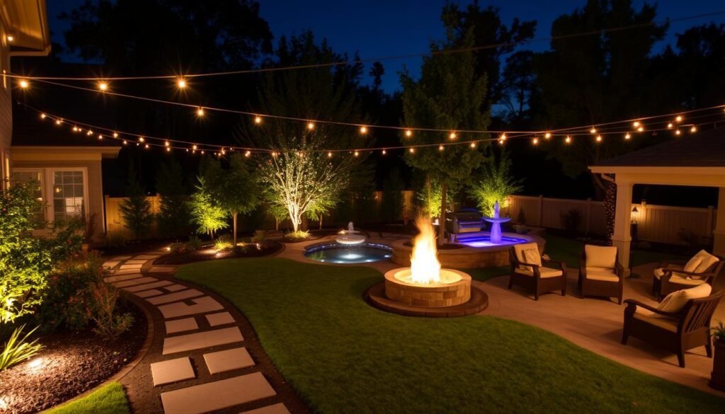 beautifully lit complete backyard transformation at night