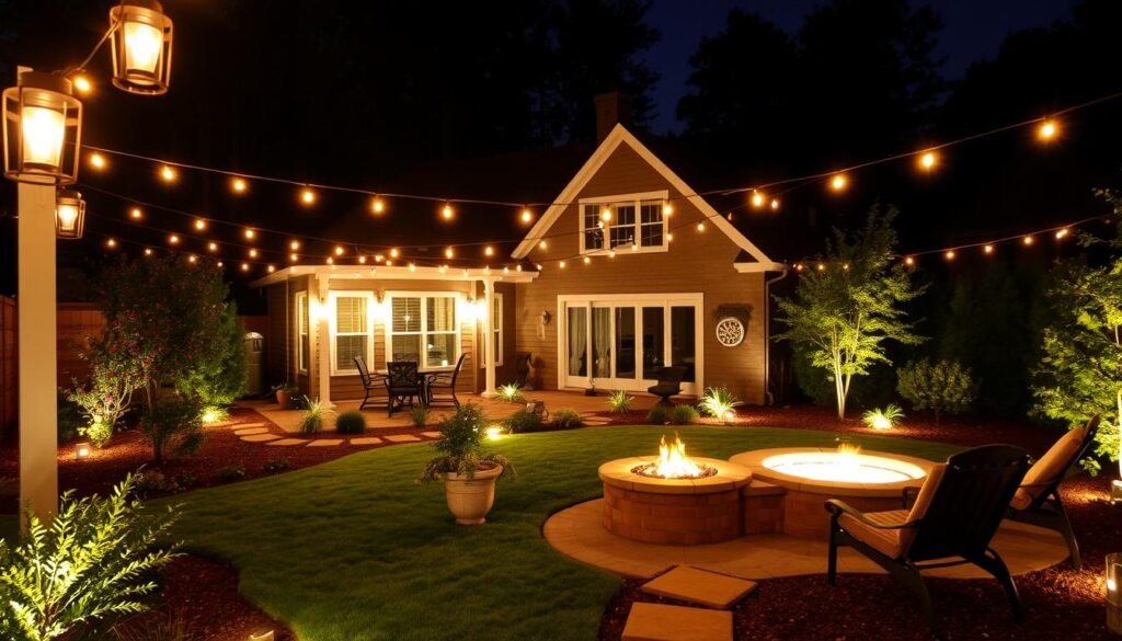 beautifully lit cozy backyard at night with multiple lighting elements beautifully lit cozy backyard at night with multiple lighting elements
