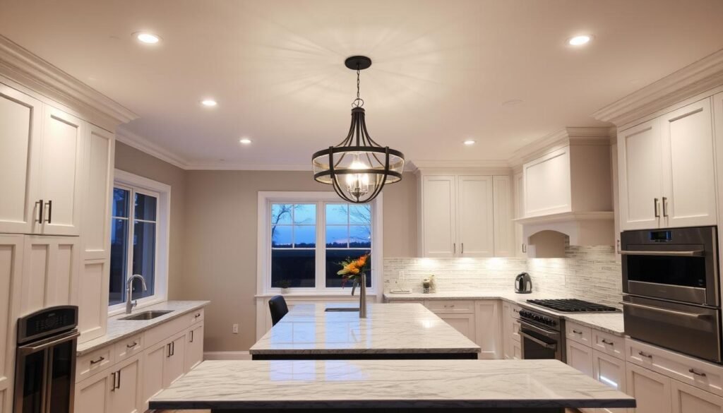 beautifully lit finished kitchen with layered lighting design beautifully lit finished kitchen with layered lighting design