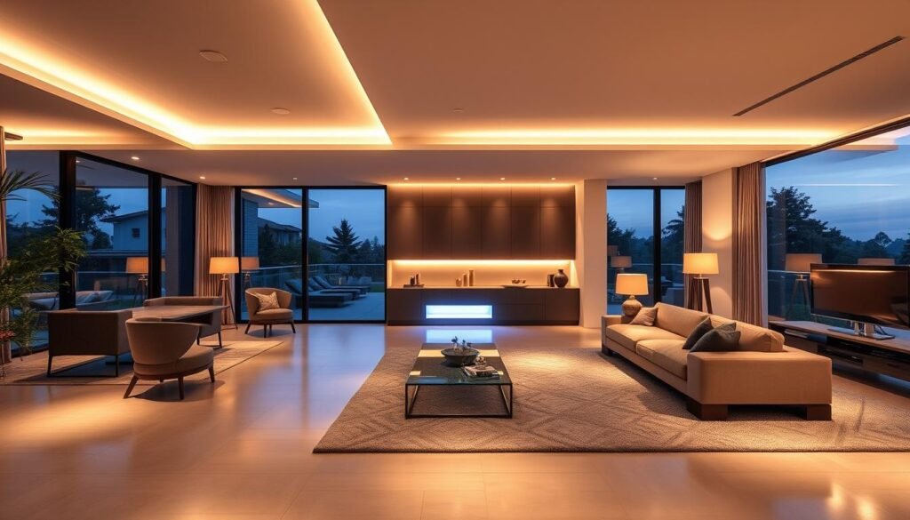 beautifully lit home interior showing complete ambient lighting design beautifully lit home interior showing complete ambient lighting design