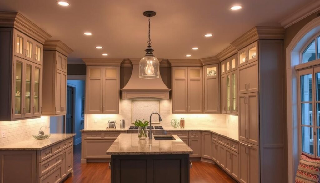 beautifully lit kitchen showcasing complete lighting design