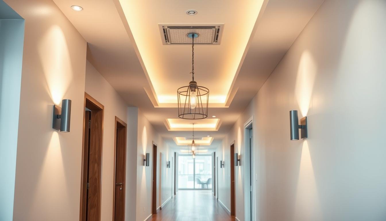 beautifully lit modern hallway with multiple lighting fixtures creating warm ambiance