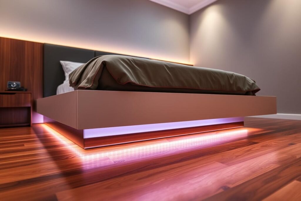 bed frame with led strip lights underneath creating floating effect