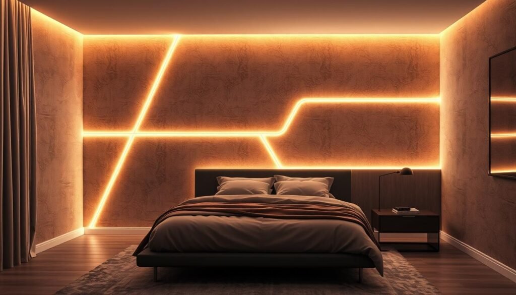 bedroom accent wall with geometric led strip lighting pattern
