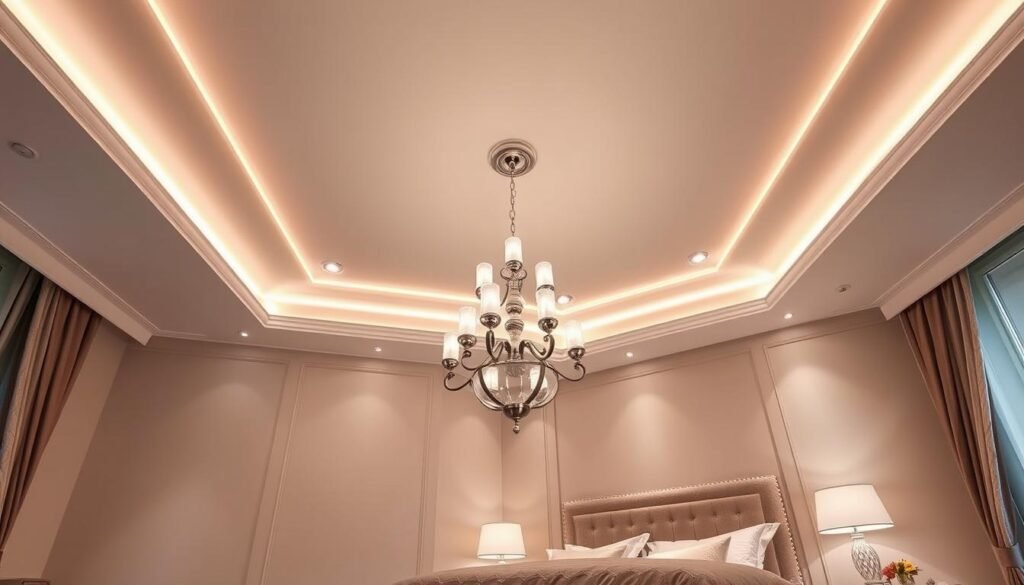 bedroom ceiling with led strip lighting in tray ceiling design