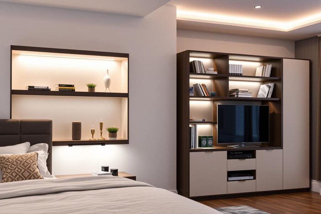bedroom furniture with integrated led strip lighting in shelves