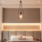 bedroom lighting ideas featuring layered lighting design with pendant fixture and bedside lamps