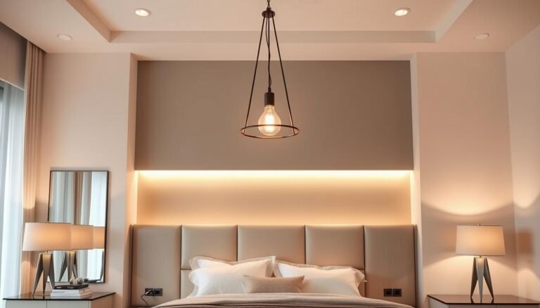 bedroom lighting ideas featuring layered lighting design with pendant fixture and bedside lamps