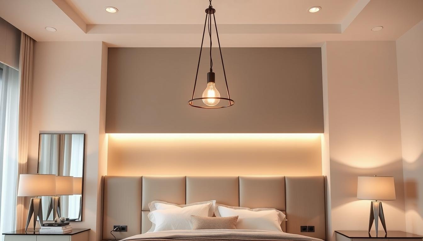 bedroom lighting ideas featuring layered lighting design with pendant fixture and bedside lamps