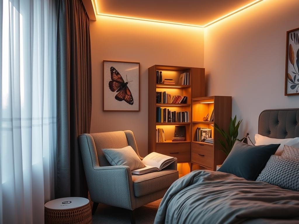 bedroom reading nook with led strip lighting providing focused illumination