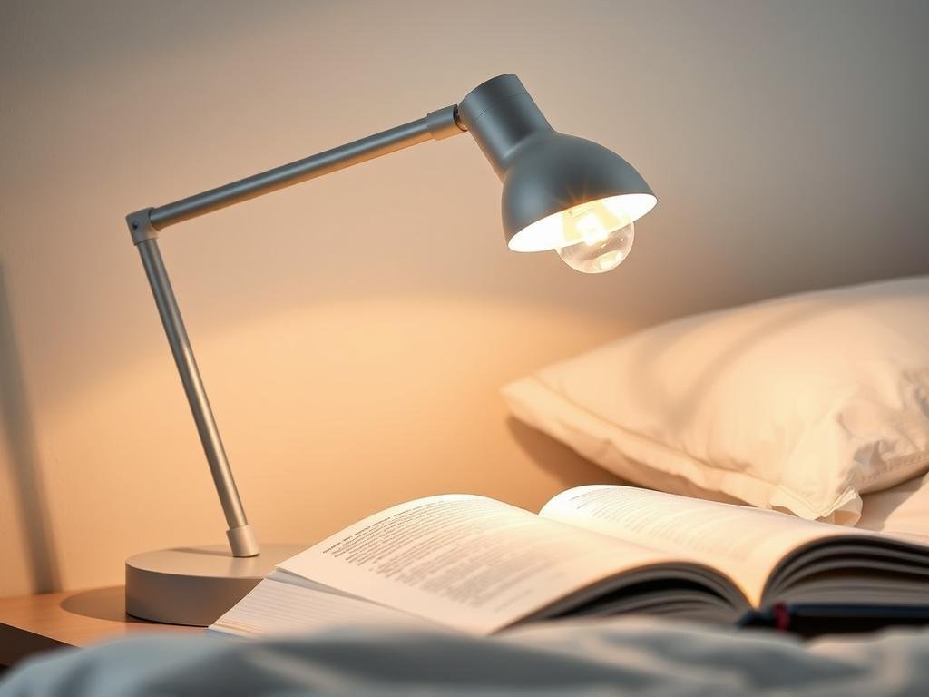 bedroom task lighting setup with focused reading lamp