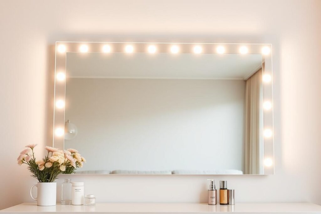 bedroom vanity mirror with led strip lights frame creating even illumination