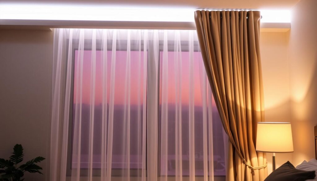 bedroom window with led strip lights behind curtains creating soft glow