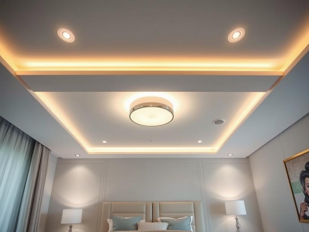 bedroom with ambient ceiling light fixture creating warm glow