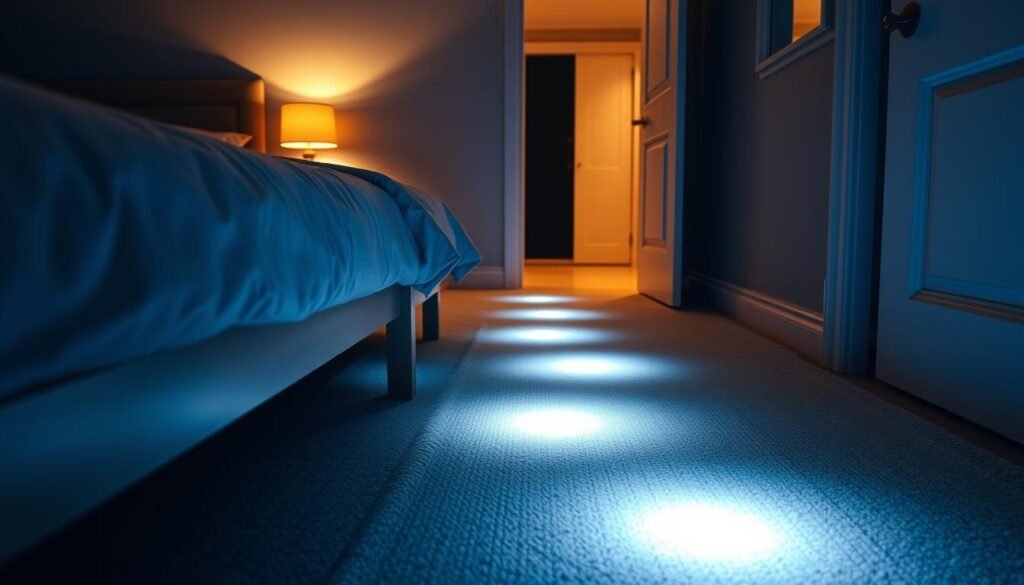 bedroom with motion activated night lights along pathway