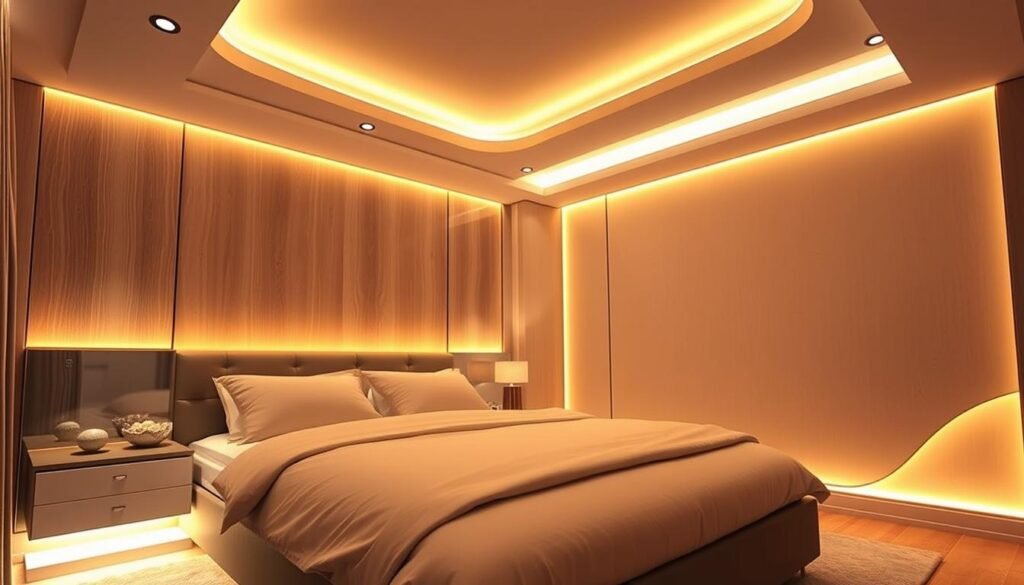 bedroom with multiple led strip lighting layers creating comprehensive design