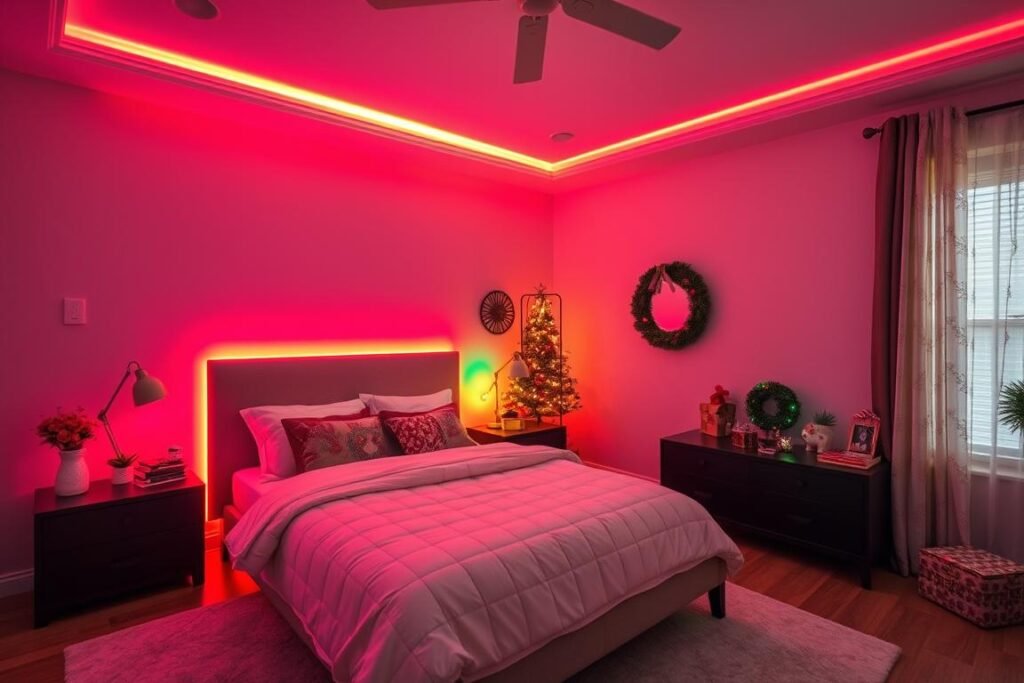 bedroom with rgb led strips displaying seasonal holiday colors