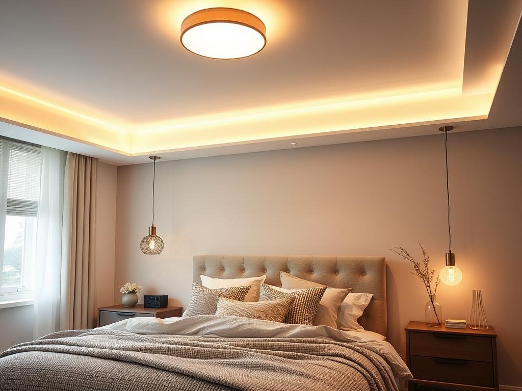 bedroom with soft ambient ceiling lighting and pendant fixtures bedroom with soft ambient ceiling lighting and pendant fixtures