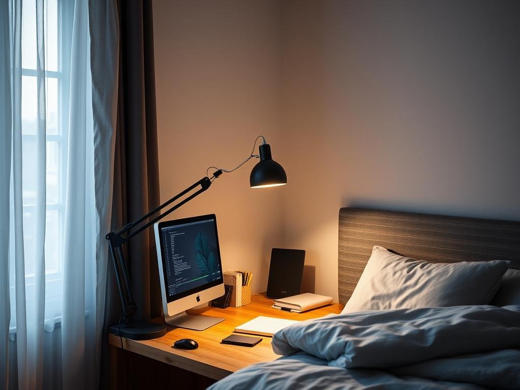 bedroom workspace with desk task lighting