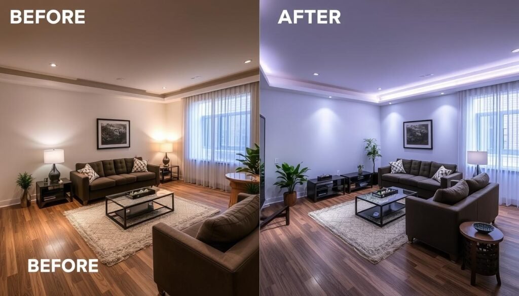 before and after ambient lighting transformation showing dramatic improvement before and after ambient lighting transformation showing dramatic improvement