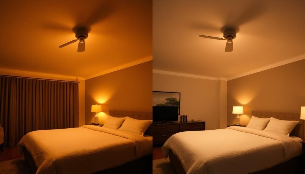 before and after bedroom lighting upgrade with LED bulbs