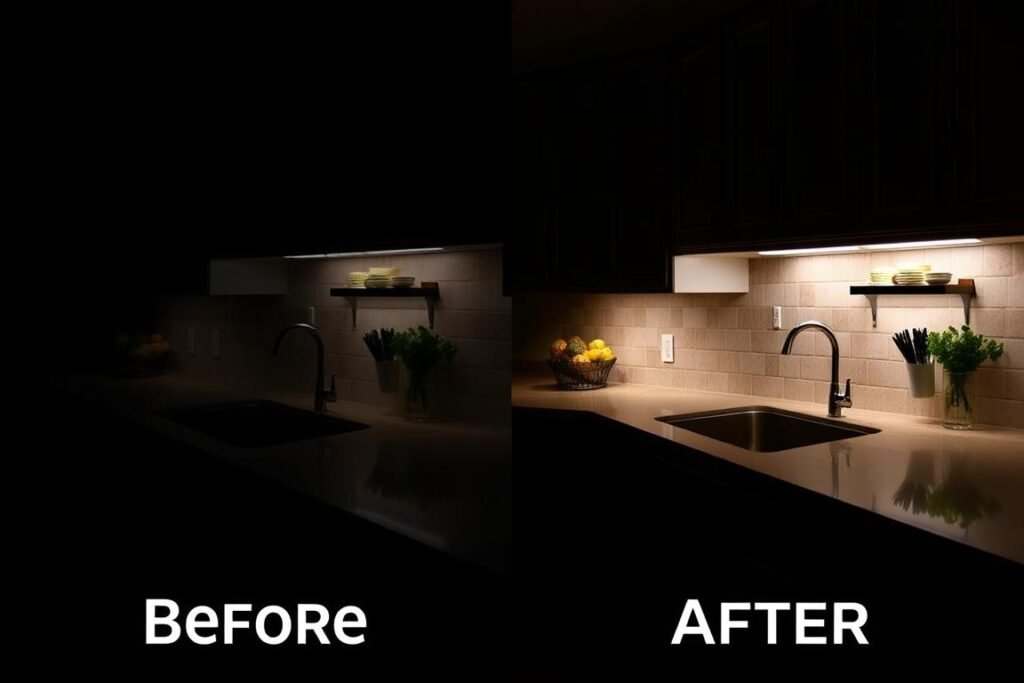 before and after comparison of kitchen counter with and without under cabinet LED lighting