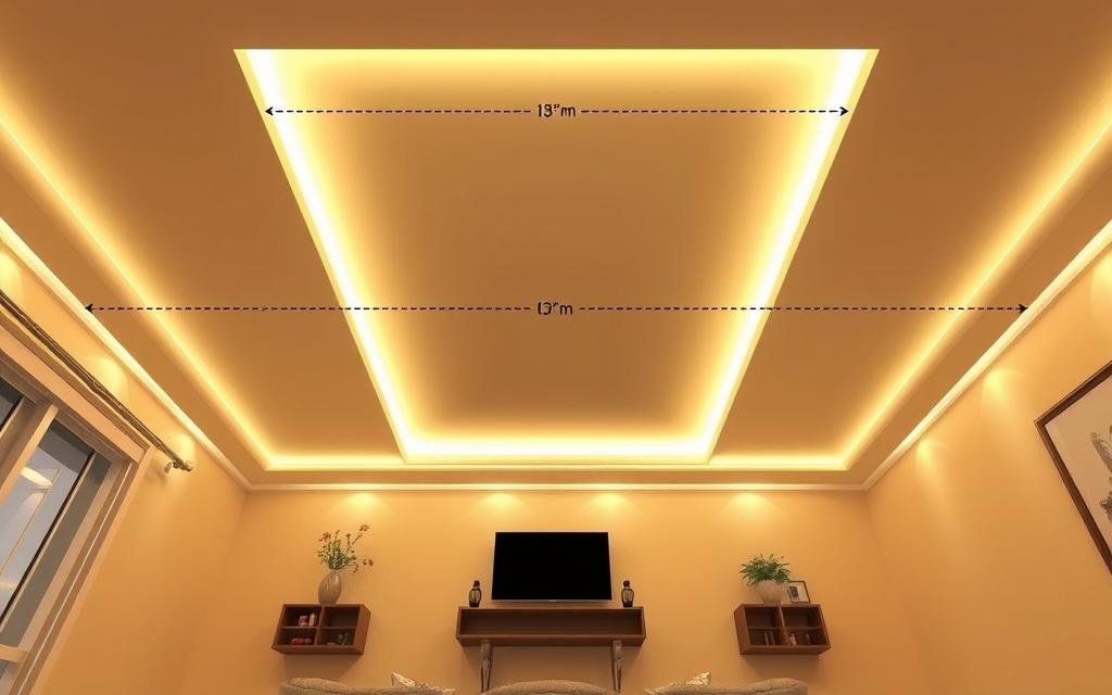 bird's eye view diagram showing LED strip placement pattern around living room ceiling perimeter bird's eye view diagram showing LED strip placement pattern around living room ceiling perimeter