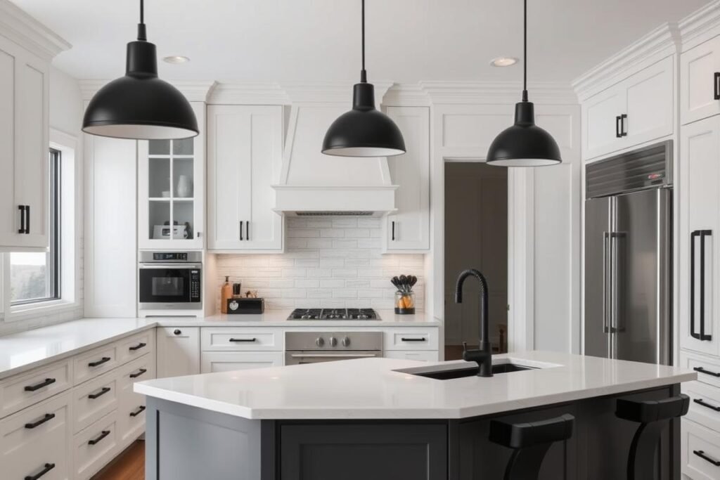 black finish lighting in white kitchen