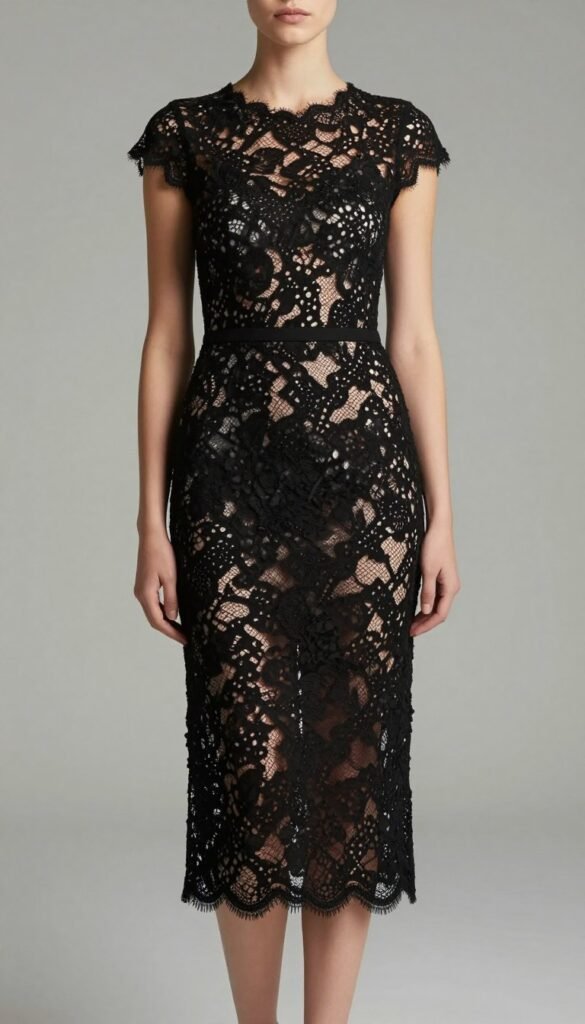 black lace midi dress with sophisticated styling