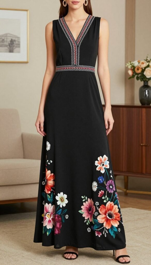 black multi maxi dress with colorful accents