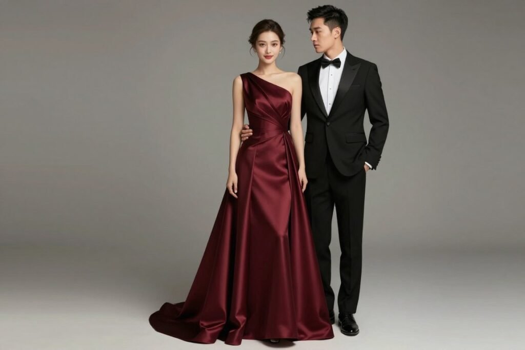 black tie dress in burgundy satin