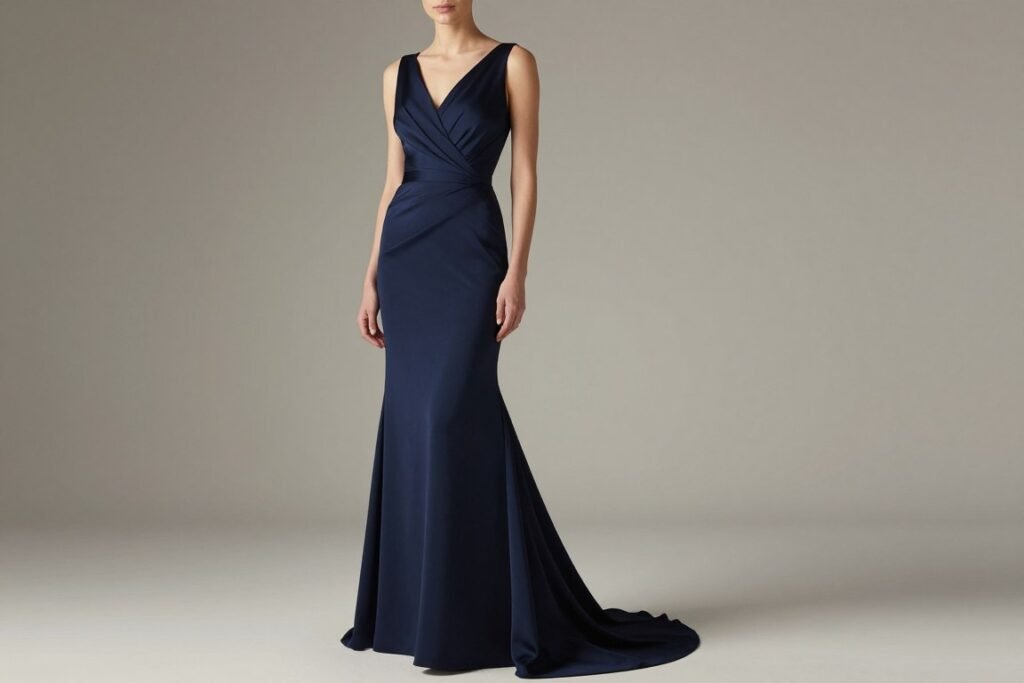 black tie formal wedding guest gown in deep navy