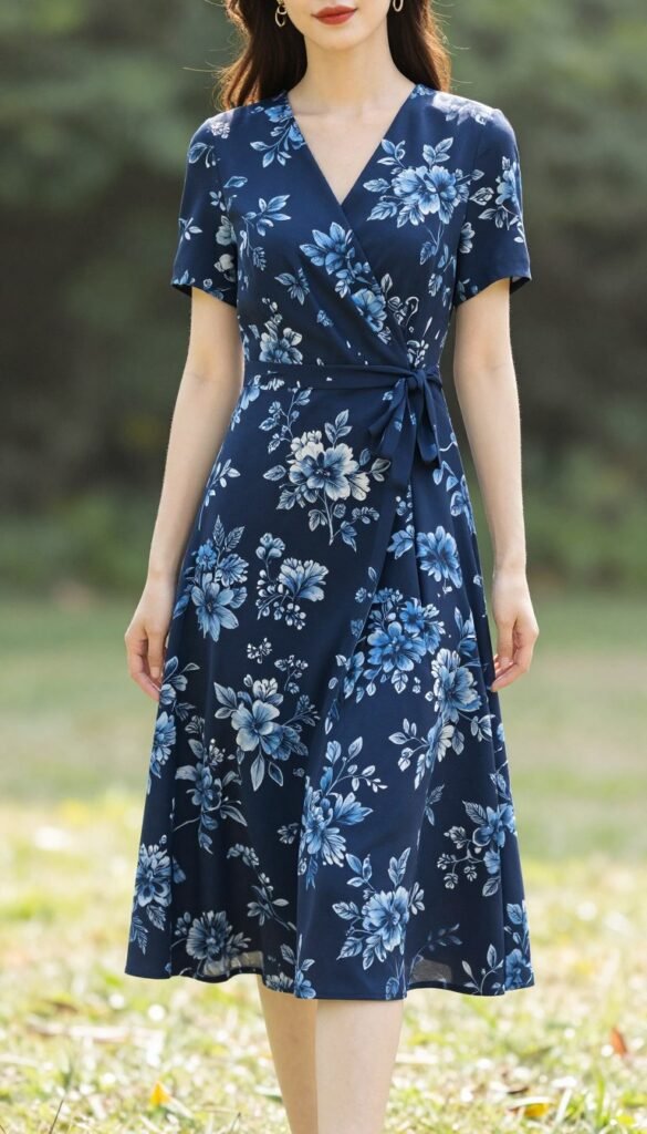 blue floral midi dress on navy background